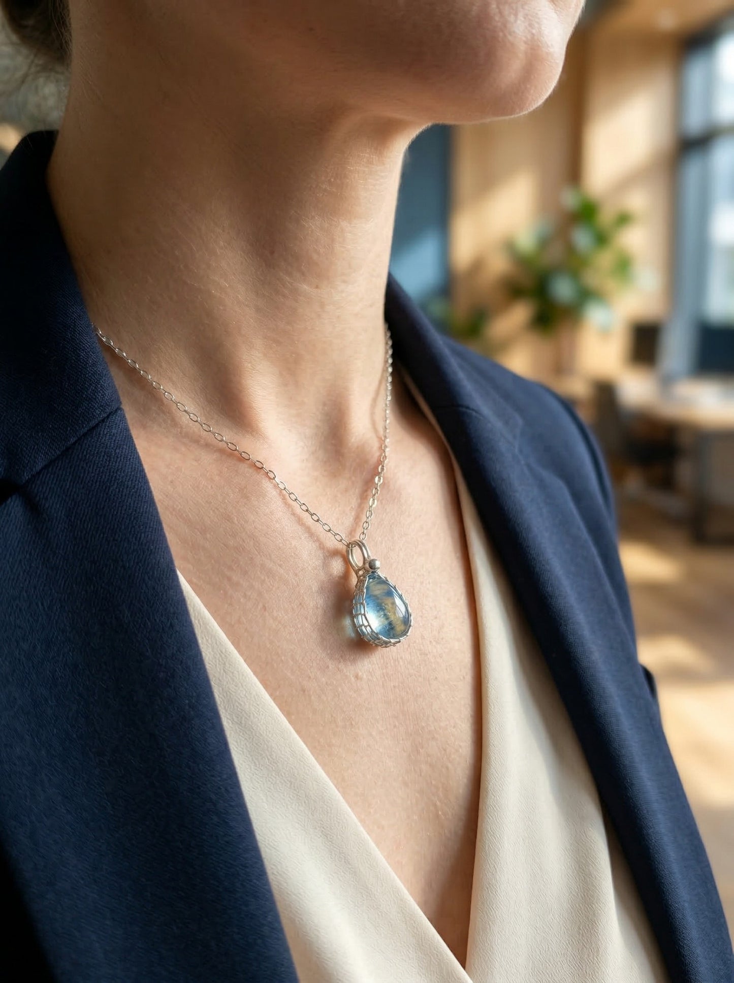 Aquamarine Teardrop Sterling Silver Necklace,Everyday Handmade Wire Wrapped Pendant Jewelry,March Birthstone Healing Crystals Gift for Her