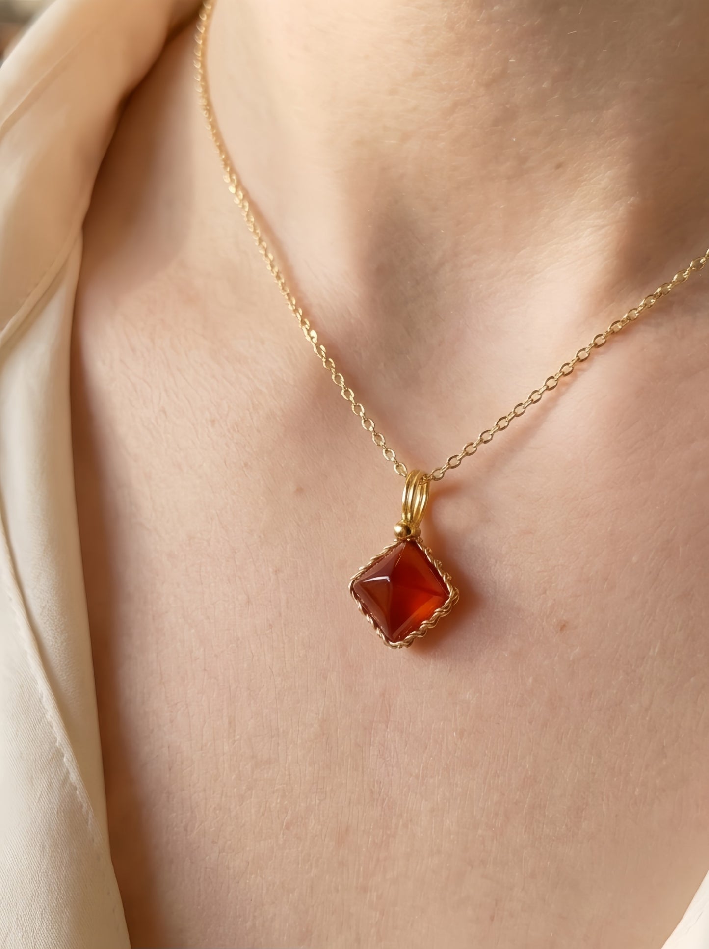 Minimalist Garnet Pendant Necklace, Gold Plated Wire Wrapped Gemstone Jewelry