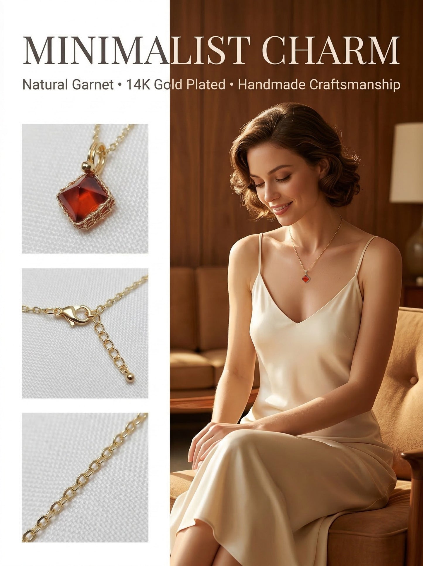 Minimalist Garnet Pendant Necklace, Gold Plated Wire Wrapped Gemstone Jewelry