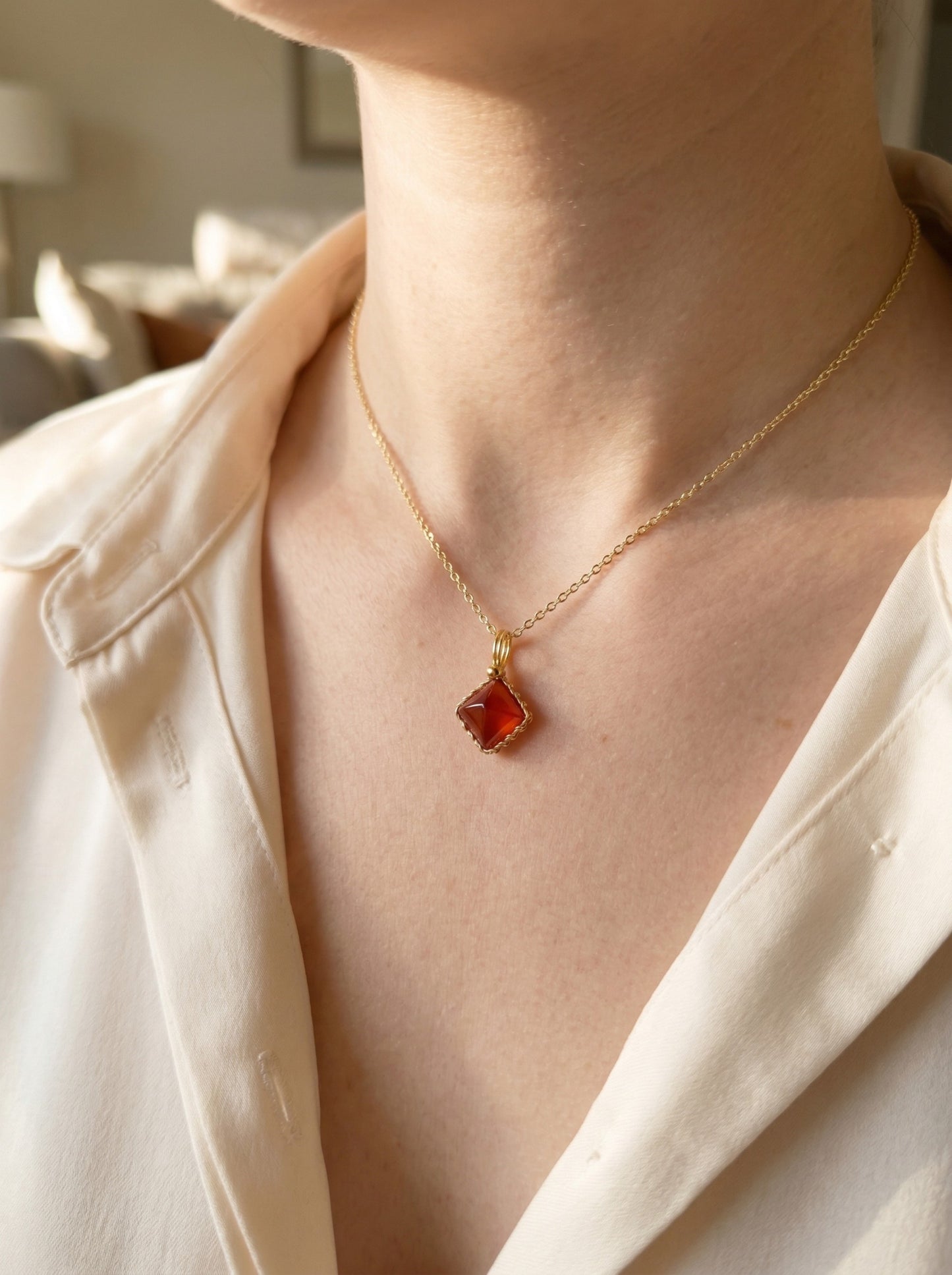 Minimalist Garnet Pendant Necklace, Gold Plated Wire Wrapped Gemstone Jewelry