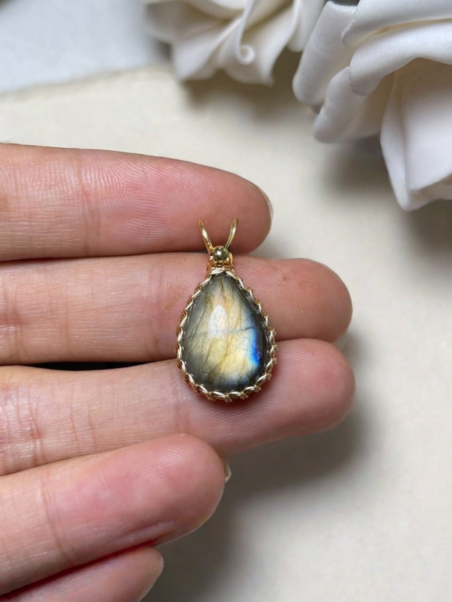 Handmade Labradorite Pendant Necklace, Wire Wrapped Boho Jewelry, August Birthstone